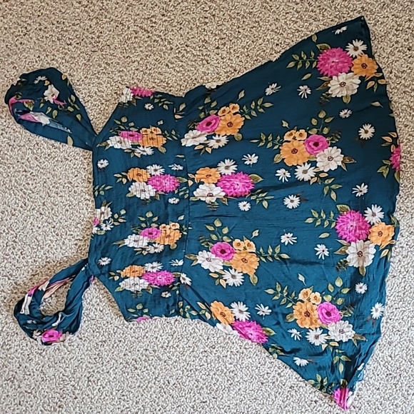 Torrid Floral Babydoll Gauze Smocked Ruffle Tank Top, Dark Teal - Picture 6 of 11